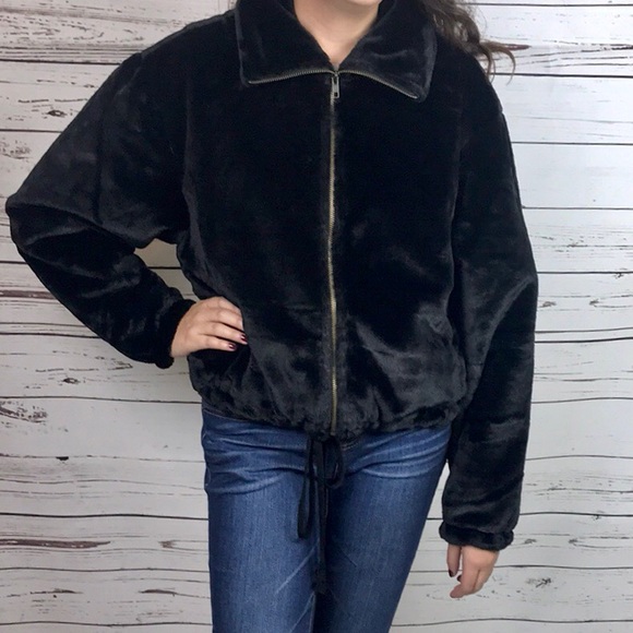 Jackets & Blazers - Faux Fur/Velvet Bomber Teddy Jacket Zipper Black S